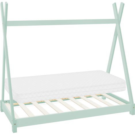 ML-Design Kinderbett Tipi 70x140 cm Mint mit Matratze & Lattenrost, Indianer Bett aus Kiefernholz, Hausbett für Mädchen und Jungen, Bodenbett Kinderhaus Jugendbett Holzbett Bettenhaus Spielbett Zelt