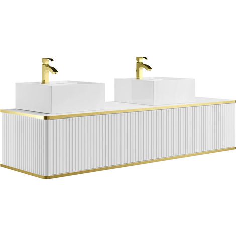 Mobile bagno sospeso con scanalature con profilo dorato 2 cassetti con doppio lavabo d'appoggio quadrato - Bianco - 150 cm - KELIZA
