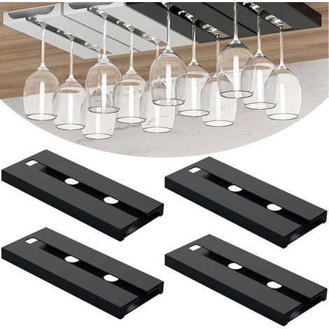 Soportes colgantes para copas de vino，4 soportes autoadhesivos para debajo del armario，soporte para copas de vino negro apto para lavavajillas (1/5)