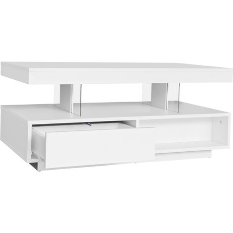 Tavolino da caffè bianco lucido 95x50x42,5 cm con 2 cassetti e 4 inserti in vetro (1/5)