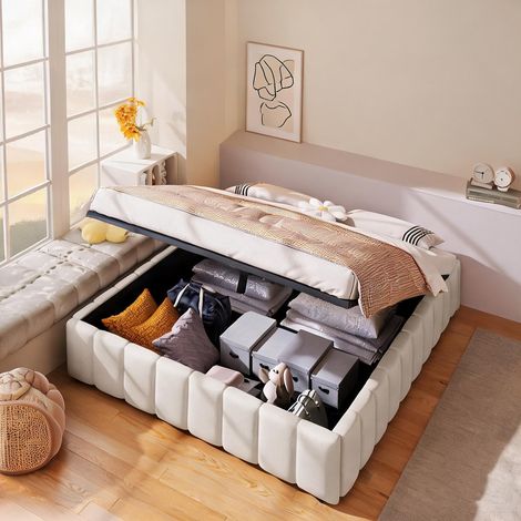 Cadre de lit beige en lin 201 x 141 x 32 cm (1/5)