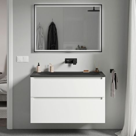 Unterschrank Bernstein VIREO 100 cm mit Mineralguss Waschbecken CREAM - Korpus Weiß matt, Waschbecken Schwarz matt ohne Hahnloch