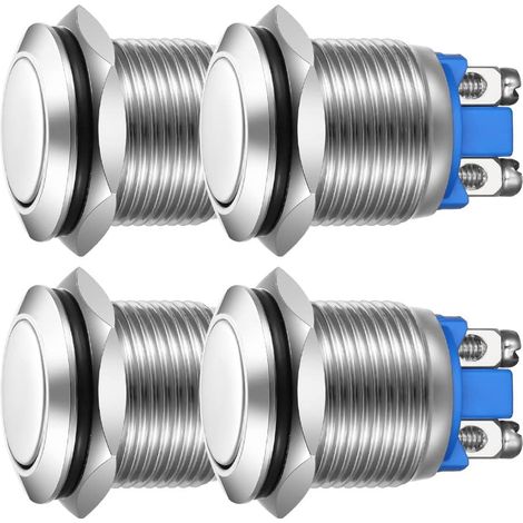 4 pièces Bouton Poussoir Momentané 19mm 3A/250VAC Bouton Poussoir d'alimentation Etanche 5A/12V DC, Petit Rond en Métal Inoxydable Chromé, 2 Broches N/O (Tête Plate) (1/5)
