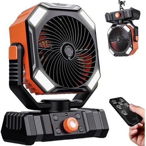 Ventilateur de Camping Rechargeable 10000mAh avec Lanterne LED, Ventilateur Brumisateur Portable avec Oscillation Auto pour Tente, Accessoire Camping avec Télécommande, ABS, Orange (1/5)