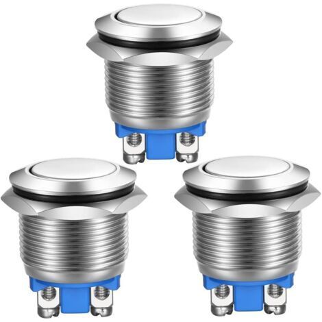Lot de 3 boutons-poussoirs momentanés en acier inoxydable, bornes à vis, étanches, 19 mm, 2 A, 12 V/24 V/125 V/250 V (tête plate) (1/5)