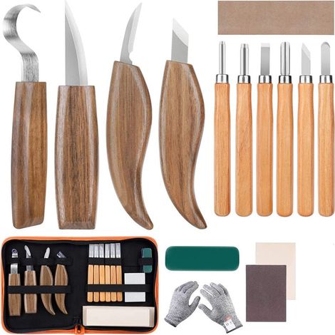 15-teiliges Holzbearbeitungs-Meißelset, DIY-Gravurwerkzeug mit schnittfesten Handschuhen, Schnitzmesser für Holzbearbeiter, Handwerker und erwachsene Heimwerker (1/4)