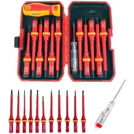 13 pièces Set Tournevis Isolé VDE, Coffret Aimanté Electricien, Jeu de Torx Interchangeables avec Testeur Tension, Outils Réparation Manuels Durables Étui Rangement - (1/5)