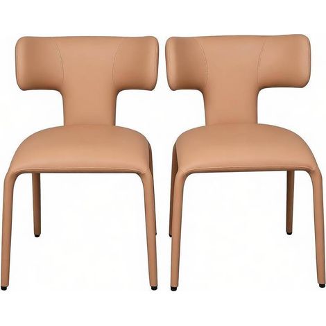 2 sillas de comedor modernas de polipiel marrón claro con respaldo curvado y patas metálicas (1/5)
