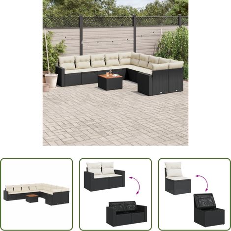 Gartenmöbel - 11-tlg. Garten-Sofagarnitur mit Kissen Schwarz Poly Rattan (1/5)
