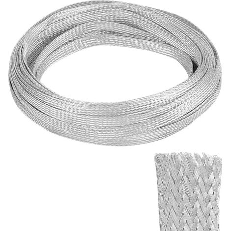 Manchon de Blindage Câble en Tresse Cuivre Étain Manchon de Blindage Métallique Sangle Cuivre Tressé Étain Manchon Plat Tressé Gainage Extensible Métallique pour Protéger Fil (10mm-6m) (1/5)