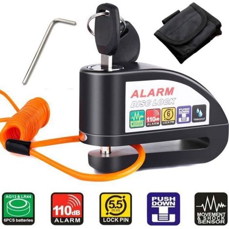 Antivol Moto,Bloque Disque Moto avec Alarme de 110db Antivol Scooter Etanche pour Moto/Vélo/Scooter/VTT avec 3 Clés, 1 Clé (1/4)