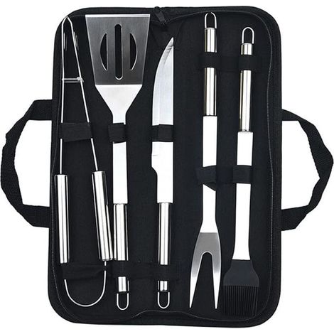 Set di accessori per barbecue da esterno, comprensivo di forchette, spatole, pinze, spazzole, manici tubolari piccoli e borsa porta attrezzi, 5 pezzi, in acciaio inossidabile. (1/3)