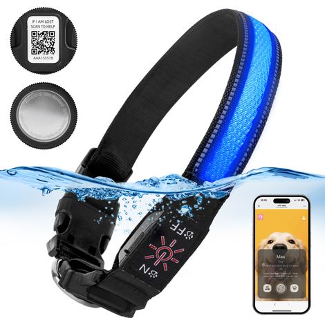 Collar para perros con placa de identificación transfronteriza, recargable por USB-C, resistente al agua, luminoso y con protección antipérdida. (1/5)