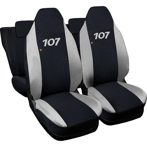 Lupex shop - Coprisedili Auto Compatibili per 107, Made In Italy, set di copri sedili anteriori e posteriori con copri poggiatesta incluso, tessuto poliestere, Nero - Grigio Chiaro