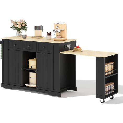 CHICFURN Isla de cocina móvil con mesa extensible, barra abatible y 2 tomas EU + 2 USB, 2 puertas, 2 cajones, 5 ruedas y MDF negro y madera clara, 138(213)x55x93 cm (1/5)