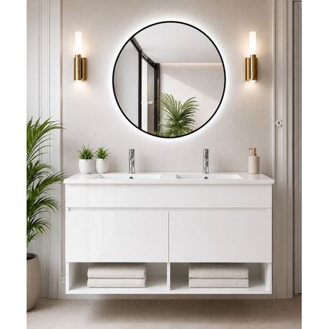 Badmöbel hängend mit Waschbecken extra flach ORIGENBATH NEBARI mit Türen ohne Spiegel 120x45 cm Doppelwaschbecken weiß