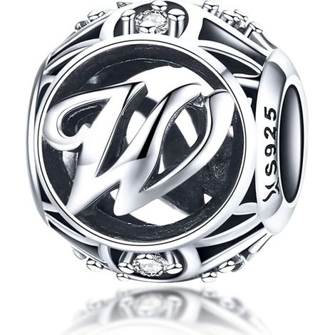 Pendentif Charm Femme Lettre de l'Alphabet AZ Initiale en Argent Sterling 925 Perles Correspondantes (Lettre W), (1/5)