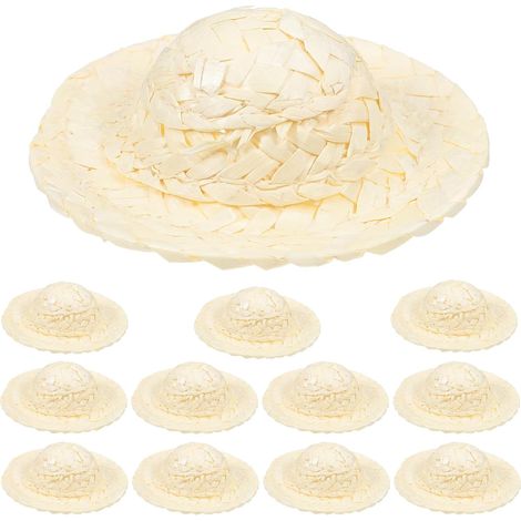 12 Miniatur Strohhüte aus Gewebtem Material Beige Zuverlässig et Bemalen Geeignet pour