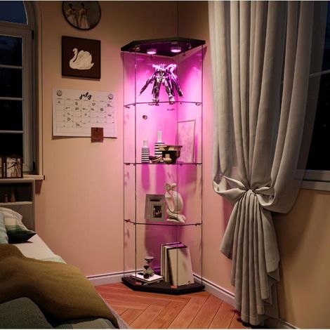 Glasvitrine - Schwarz - 1 Tür, 4 Regale - Sicherheitsglas - LED-Beleuchtung