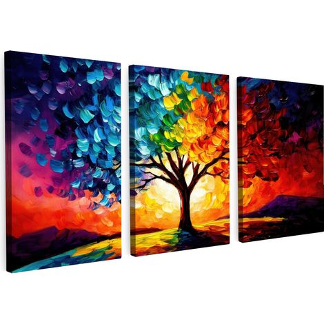CUADRO EN LIENZO Árbol - Colorido - Aspecto de pintura - Abstracto Tríptico Set de 3 120x60 (1/5)