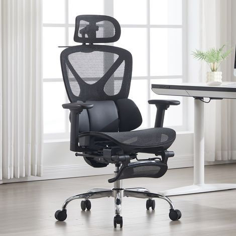Wahson Chaise de Bureau avec Accoudoirs, Fauteuil de Bureau Ergonomique avec Support Lombaire Réglable avec Repose-Pieds, Noir