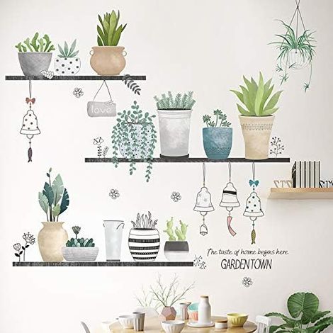 SHINING HOUSE Adhesivo de pared, adhesivo de pared con planta en maceta como decoración de pared para dormitorio, sala de estar, habitación de niños, adhesivos de pared para decoración de pared con ar (1/4)