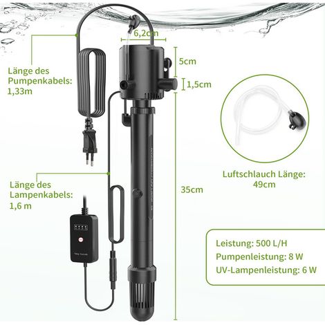 Filtre Interne d'Aquarium Stérilisateur UV-C 4 en 1 Pompe de Filtration d'Eau avec Minuterie Oxygénateur et Contrôleur de Débit pour Élimination des Algues Eau Trouble