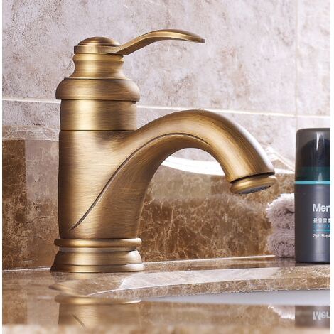 Robinet de Lavabo Bas Style Théière en Laiton Antique, Mitigeur Eau Froide et Chaude, Style Européen (1/2)