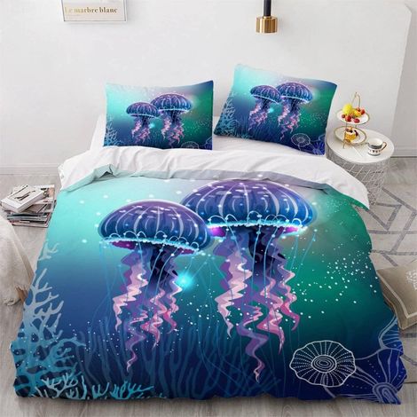 Housse de Couette 140x200 Enfant Poisson Parure de Lit 1 Personne Microfibre Housse de Couette Méduse 3D Imprimé Literie Set 3 Pièces avec Fermeture Éclair - 140x200+2x50x75 (1/5)