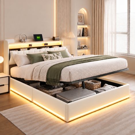 Lit coffre 140x200 cm beige avec sommier, tête de lit avec  rangement, LED et USB, rangement hydraulique, velours (1/5)