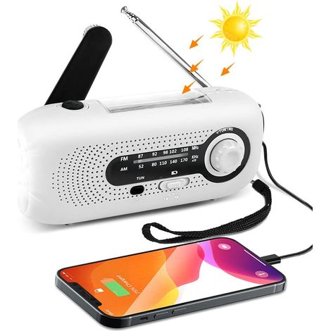 Radio d'urgence solaire à manivelle portable – 4 modes d'alimentation – Chargeur de téléphone – Lampe de poche LED – Alarme SOS (1/4)