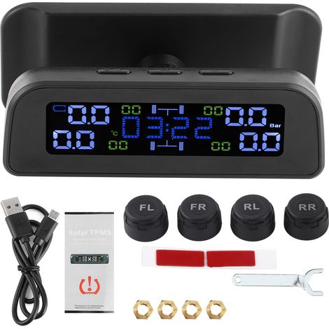Système de surveillance de la pression des pneus à énergie solaire Affichage LCD TPMS de voiture avec horloge de capteur externe conue (1/5)