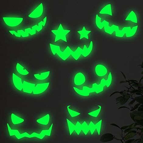 Lot De 7 Autocollants Muraux Lumineux Verts Têtes De Citrouille Effrayantes Décoration Halloween Pour Portes Fenêtres Et Escaliers (1/5)