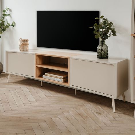 Meuble TV 2 portes 2 niches sable/effet bois Sinop (1/5)