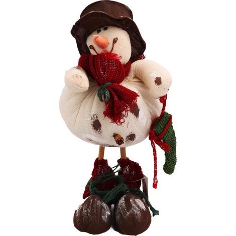 Pupazzo di neve in piedi, realizzato con materiali naturali nei colori bianco e rosso, alto 35 cm. (1/4)