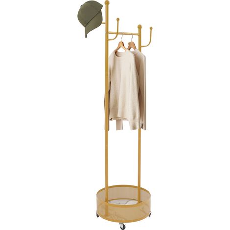Portemanteau rond doré - 6 crochets - Panier rangement - Roulettes dont 2 freinées - Charge 10 kg - 170x45CM - Pour entrée, chambre, salon (1/5)