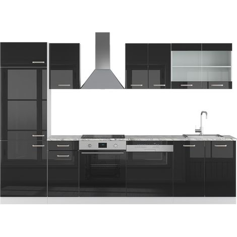 Mueble de cocina R-Line, Negro brillo intenso, 300 cm , ET Mármol, Vicco (1/5)