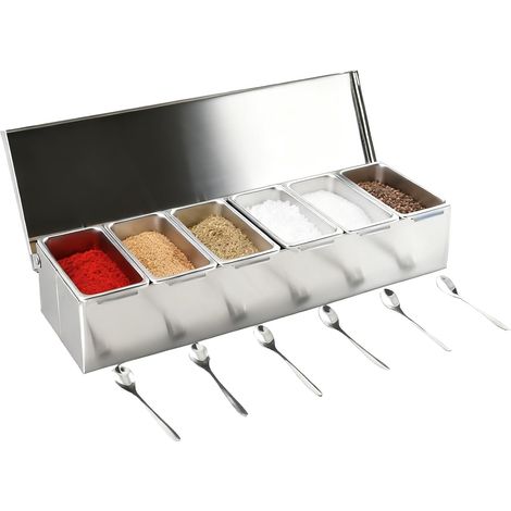 Set di contenitori per spezie, set di contenitori per spezie e scatole per spezie in acciaio inox, 6 scomparti, scatola porta spezie, barattolo con coperchio e 6 cucchiai