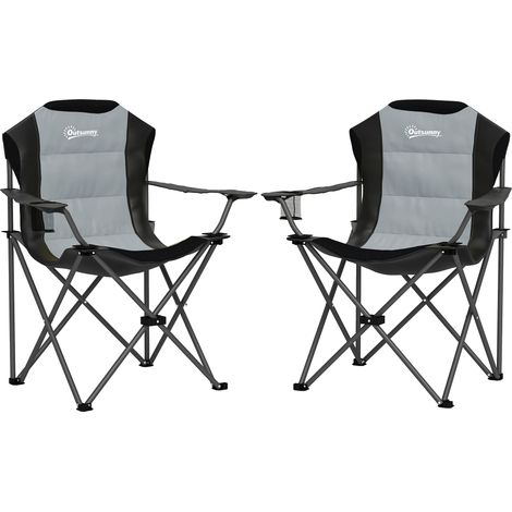 Set di 2 sedie da campeggio pieghevoli imbottite con schienale alto e portabicchiere, portata massima 120 kg, colore grigio scuro.