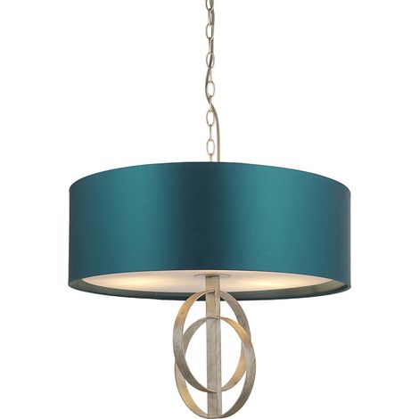Merano Trento Plafonnier à 3 ampoules Feuille d'argent antique et tissu satiné bleu sarcelle
