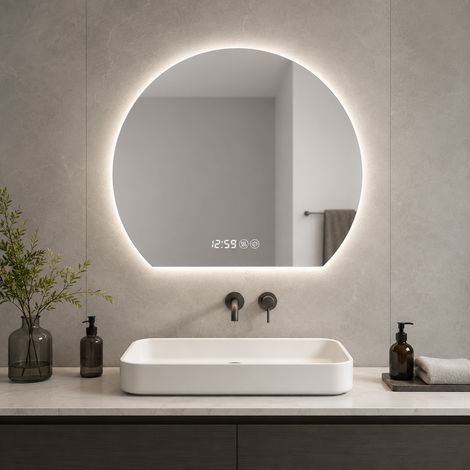 Espejo LED redondo 80x72x2,5 cm de vidrio y metal plateado antivaho para baño – MEUBLIV (1/5)