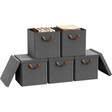 Lot de 5 Boîtes Rangement WOLTU, 30x30x29 cm, Cubes de Rangement Tissu avec Couvercle, Poignée et Cadre en Métal, Pliable, Gris