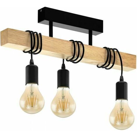 EGLO Plafoniera EGLO Townshend, plafoniera vintage a tre punti luce, plafoniera dal design industriale, lampada a sospensione retrò in acciaio e legno, nero, marrone, E27 (1/5)