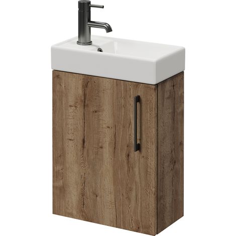 Napoli Cube Tobacco Oak 400mm Wall Mounted Single Door Vanity Unit with Align Basin - 400mm - Gunmetal Grey 160mm Handle