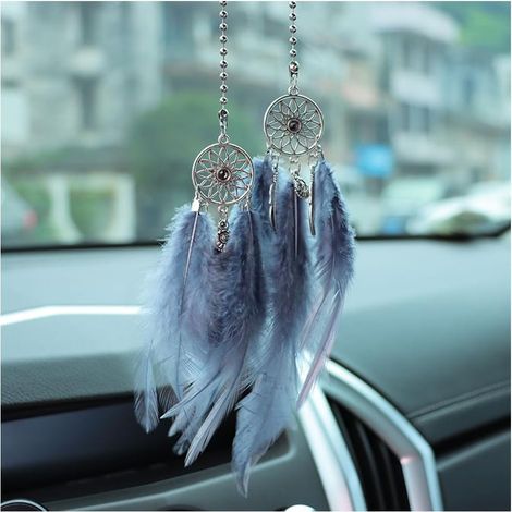 Attrape-Rêves en Plumes, Décoration Rétroviseur Véhicule Accessoires Intérieur, Attrape-Rêves en Forme Plume, Joli Rétroviseur Automobile Suspendre, Décoratifs Suspendre Universel(Gris) (1/5)