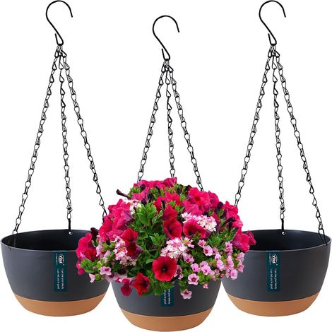 Lot de 3 pots de fleurs suspendus pour l'intérieur et l'extérieur - Avec trous de drainage et soucoupe amovible - Pour la maison, le jardin, le balcon (1/5)