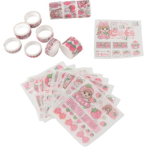Ensemble d'autocollants Washi à motifs de dessins animés mignons, étiquettes décoratives, accessoires de scrapbooking, lait à la fraise (1/5)