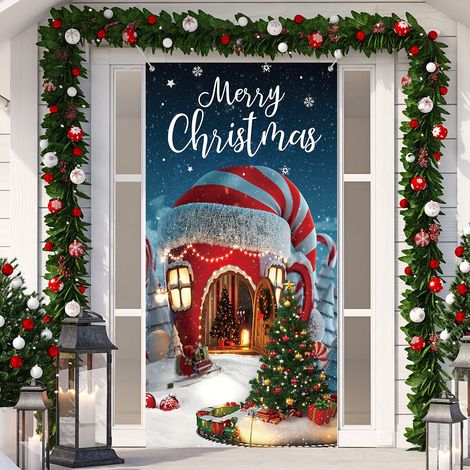Décoration de Noël Couverture de Porte Joyeux Noël - Bannière de Fond Maison de Tasse de Bonbons - Accessoires de Photo Suspendus, 70,9 x 35,4 Pouces (1/5)