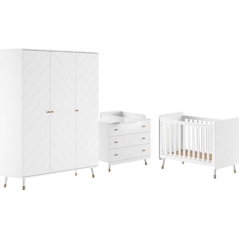 TINY WHITE - Chambre avec lit bébé blanc + table à langer + Armoire 3 Portes