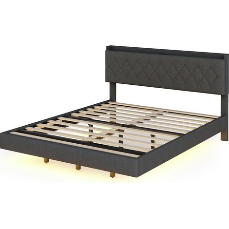 Lit rembourré 160200 cm avec port de charge USB et bande lumineuse LED à changement de couleur, lit double en tissu lin doux pour la peau avec sommier à lattes, gris (ancien SKU: LDU00121AAE) (1/5)